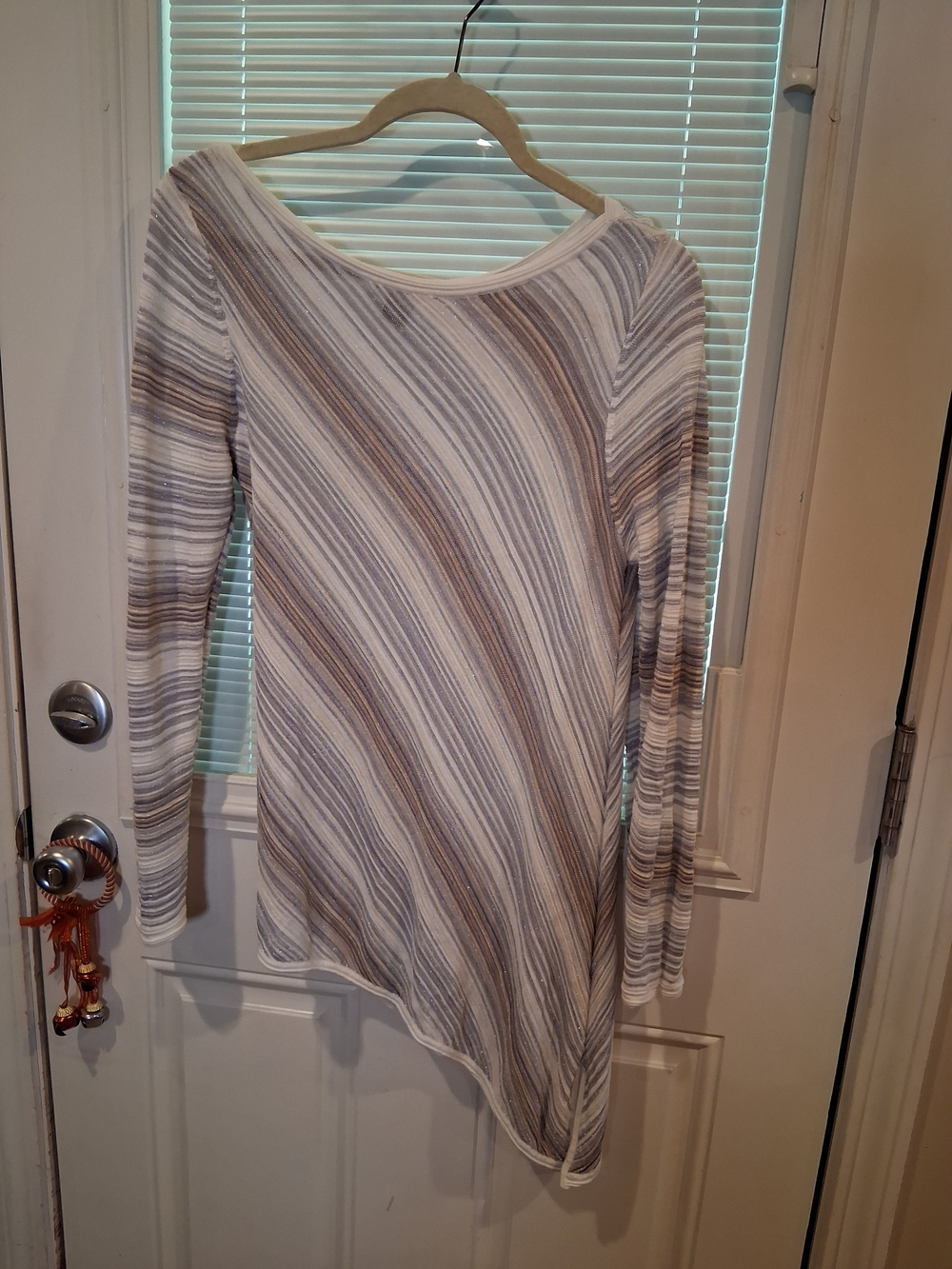 White House Black Market White and Taupe Striped Asymmetric Long Sleeve Top Size